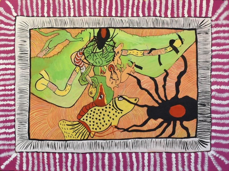 John Prince Siddon, Spider Dreaming, Weaving Dreaming, 2024, Acrylic on canvas, 90 x 120 x 3cm. Photograph: Mangkaja Arts. Courtesy of the artist and Mangkaja Arts.