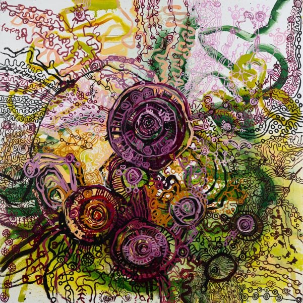 Yaritji Young, Tjala Tjukurpa, 2024, acrylic on linen, 200 x 200 cm. Courtesy of the artist and the APYACC. Photograph: Andy Francis. Courtesy of the artist and the APYACC.