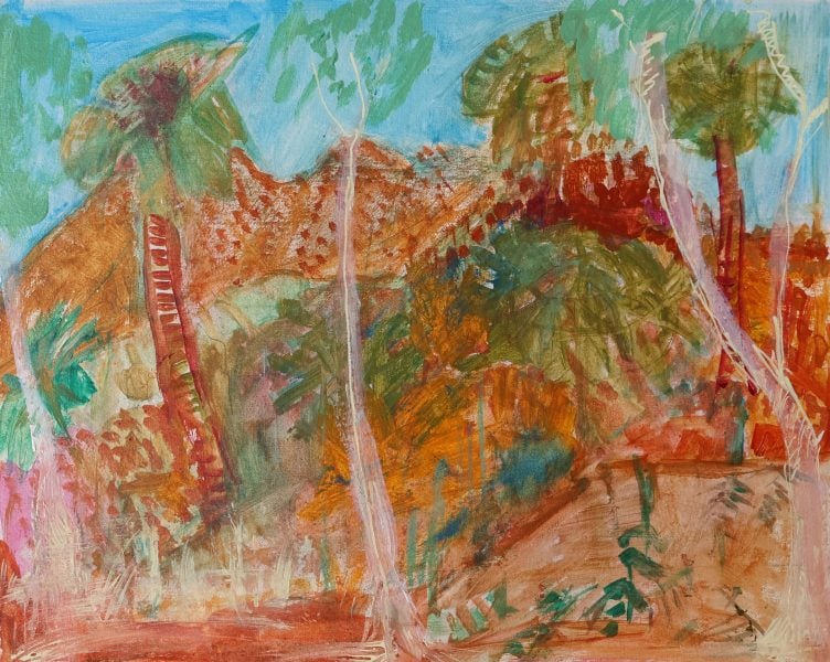 Wendy Hubert, Palm on the country, 2025, acrylic, charcoal and posca marker on canvas, 50 x 40cm. Photograph: courtesy of the artist and Julwarlu.