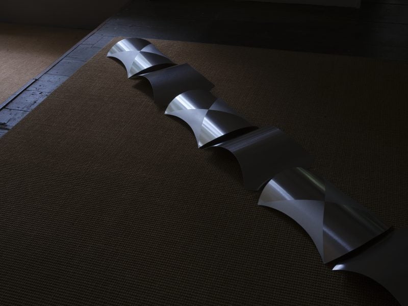 Benjamin Work, Hala Ōtītori, 2024, Aluminium, 300cm x 200cm. Photograph: Sam Hartnett. Courtesy of the artist and Parehuia, McCahon House Residency.