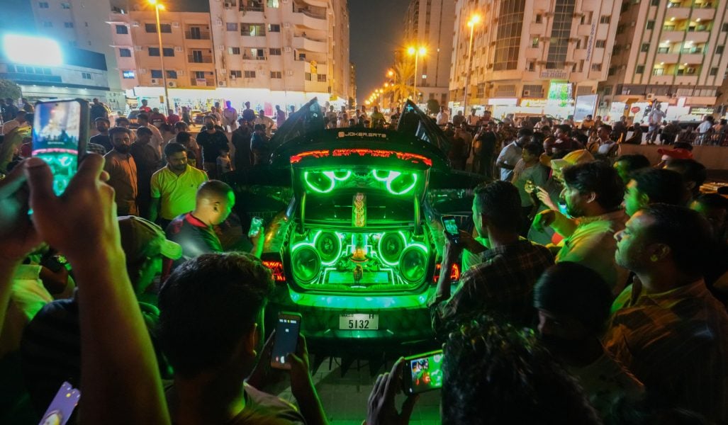 Joe Namy, Automobile Sharjah, 2022, variable channel sound performance for cars with super modified stereo systems. Commissioned by Sharjah Art Foundation. Photograph: Big Boss. Courtesy of the artist.