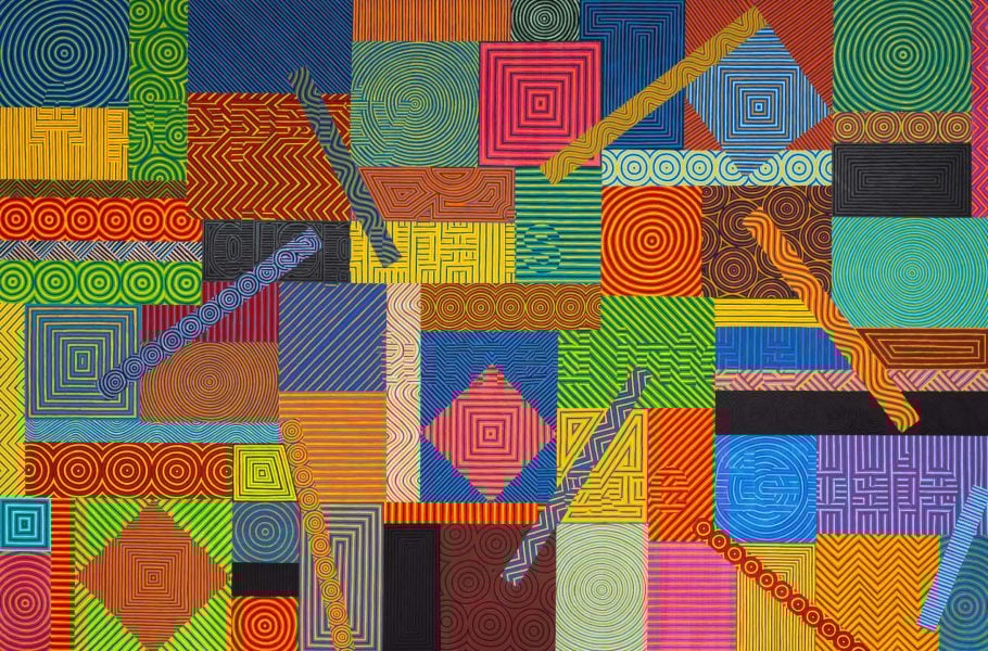 Richard Bell, A property dispute is turned into a race debate, 2024, acrylic on canvas, 200 cm x 300 cm. Photograph: Carl Warner. Courtesy of the artist and Milani Gallery, Meeanjin/ Brisbane