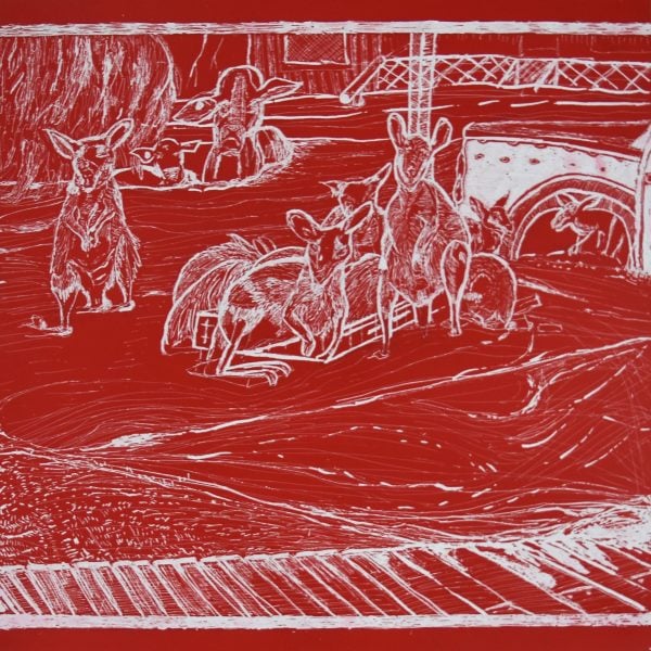 Natalie Davey, Staying afloat (from the Flood series), 2023, Etching on tin, 60 x 60cm. Photograph: Mangkaja Arts. Courtesy of the artist and Mangkaja Arts.