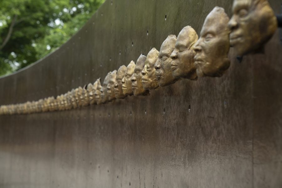 Nikesha Breeze, 108 Death Masks: A Communal Prayer for Peace and Justice (installation view) 2024, bronze. Commissioned by the Equal Justice Initiative: Freedom Monument Sculpture Park. Photograph: Kate Russell © Kate Russell.  Courtesy of the artist.