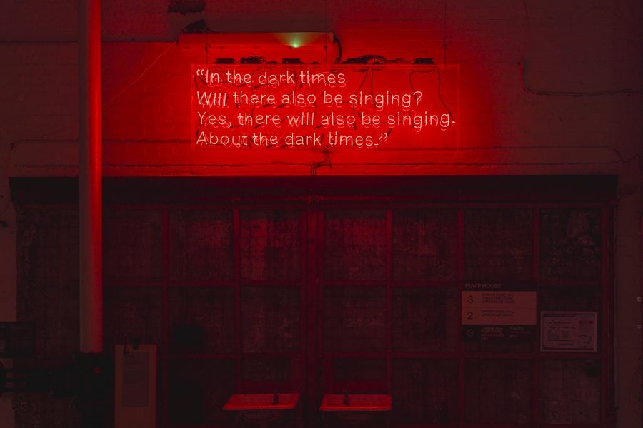 Kiri Dalena, “In the dark times, will there also be singing? Yes, there will be also singing, About the dark times”, 2017. Courtesy of the artist © Kiri Dalena. Installation view, 25th Biennale of Sydney, Rememory, 2026, White Bay Power Station. Photograph: Document Photography. 