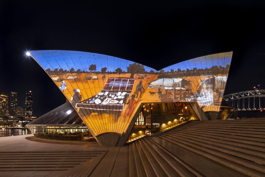 Mervyn Street, ‘Badu Gili: Story Keepers’, 2025. Sydney Opera House. Created in collaboration between the Biennale of Sydney, Sydney Opera House, and the Fondation Cartier pour l’art contemporain. Animated by Vandal. Photograph: Mark Pokorny.