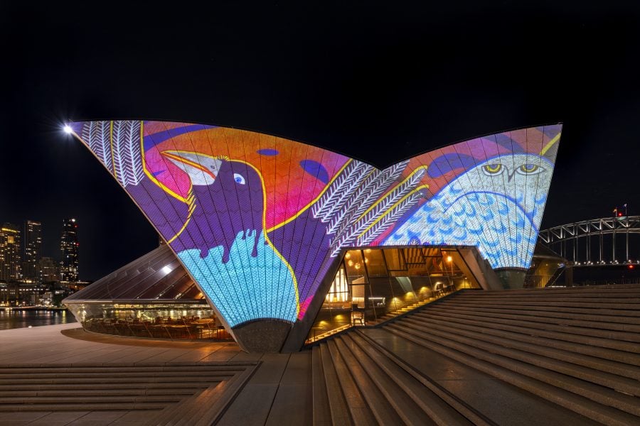 Ningiukulu Teevee, ‘Badu Gili: Story Keepers’, 2025. Sydney Opera House. Created in collaboration between the Biennale of Sydney, Sydney Opera House, and the Fondation Cartier pour l’art contemporain. Animated by Vandal. Photograph: Mark Pokorny.