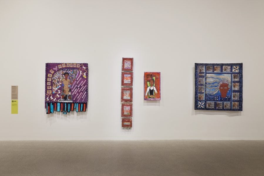 Left to right: Dindga McCannon, Althea Gibson, First African American to Win Wimbledon 1957, 2012. Courtesy of the artist and the Sharjah Art Foundation Collection. Sarah’s Story (South Africa), 2015. Courtesy of the artist and Fridman Gallery. Threads of the Past, Inspiration for the Future, 2000. Courtesy of the artist and Fridman Gallery, New York © Dindga McCannon. Installation view, 25th Biennale of Sydney, Rememory, 2026, Art Gallery of New South Wales. Photo © Art Gallery of New South Wales, Felicity Jenkins.