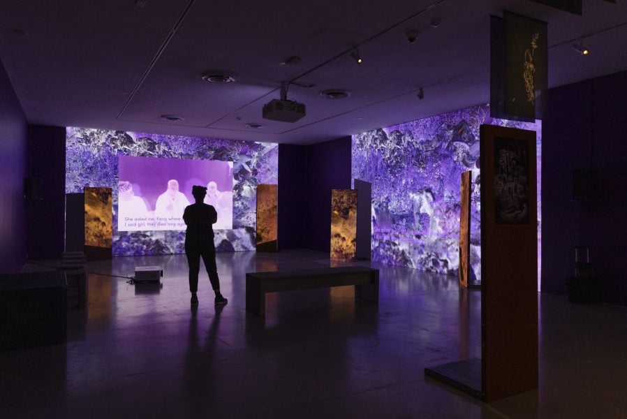 Basel Abbas and Ruanne Abou-Rahme, Until we became fire and fire us, 2023-ongoing. Presentation at 25th Biennale of Sydney was made possible by Rubaiya Qatar, Qatar Museums Courtesy of the artists © Basel Abbas and Ruanne Abou-Rahme. Installation view, 25th Biennale of Sydney, Rememory, 2026, Campbelltown Arts Centre. Photograph: Silversalt Photography.