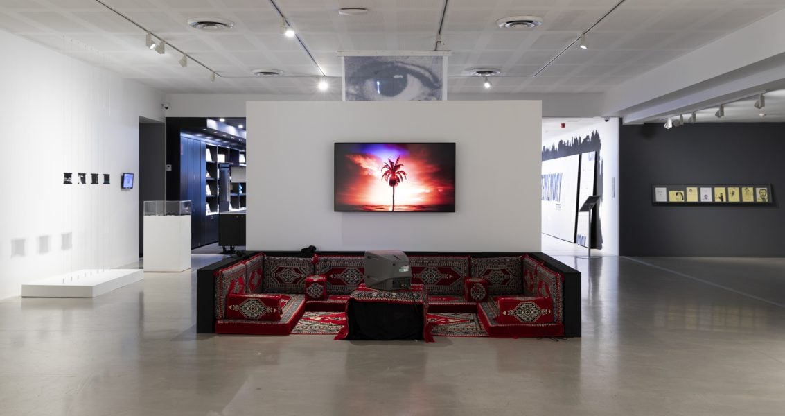 Left to right: Nasri Sayegh, Retinæ – 4, Retinæ – 3, Retinæ – 2, Retinæ – 1, 2025. Commissioned by the Biennale of Sydney and Rubaiya Qatar, Qatar Museums with generous assistance from Australian Tapestry Workshop and Weaver, David Pearce. Courtesy of the artist © Nasri Sayegh. Tears Naturale, 2025. Commissioned by the Biennale of Sydney and Rubaiya Qatar, Qatar Museums. Courtesy of the artist © Nasri Sayegh. Basil Al-Rawi, House of Memory / بيت الذاكرة, 2025. Presentation at the 25th Biennale of Sydney was made possible by Rubaiya Qatar, Qatar Museums with generous support from Culture Ireland. Courtesy of the artist and Iraq Photo Archive contributors © Basil Al-Rawi. Mounira Al Solh, I Strongly Believe in Our Right to Be Frivolous, 2012–ongoing. Commissioned by the Biennale of Sydney and Rubaiya Qatar, Qatar Museums with generous support from Mondriaan Fund and generous assistance from Knights Family Jabula Foundation. Courtesy of the artist and Sfeir-Semler Gallery, Beirut/Hamburg © Mounira Al Solh. Installation view, 25th Biennale of Sydney, Rememory, 2026, Campbelltown Arts Centre. Photograph: Silversalt Photography. 