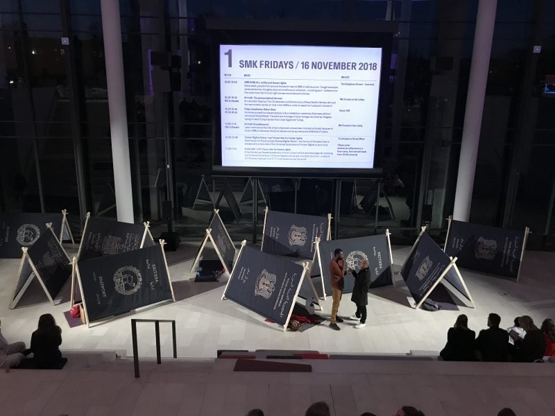 Khalid Albaih, Camp, 2019, installation – wood, print of cloth, variable dimensions. Photograph: SMK copenhagen.  Courtesy of the artist and SMK copenhagen 