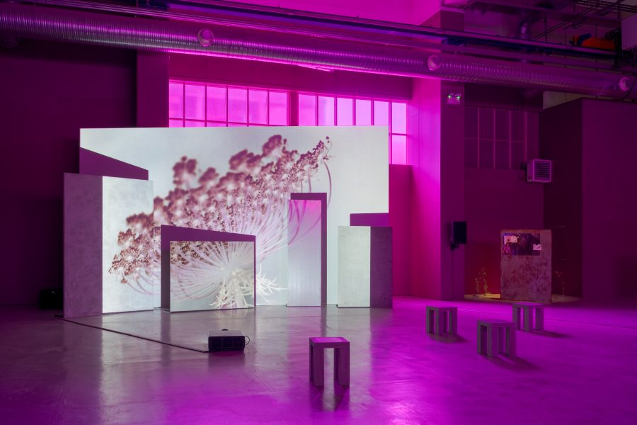 Basel Abbas and Ruanne Abou-Rahme, May amnesia never kiss us on the mouth: only sounds that tremble through us, 2020-2022, multi-channel video and sound installation with subwoofer, steel and concrete panels, custom seating, variable dimensions, 34 min 40 sec. Photograph: David Stjernholm. Courtesy of the artists.