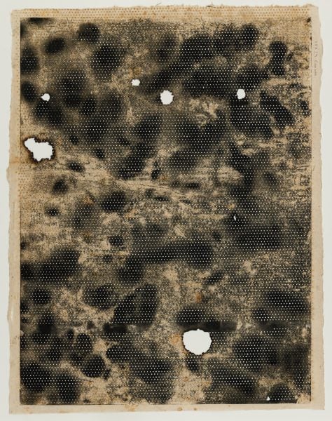 Kulpreet Singh, Indelible Black Marks – I (from the Indelible Black Marks series), 2021–22, laser and letter press ink on rice paper, 60.9 x 48.2 cm.  Courtesy of the artist and  Galerie Mirchandani + Steinruecke © Kulpreet Singh 