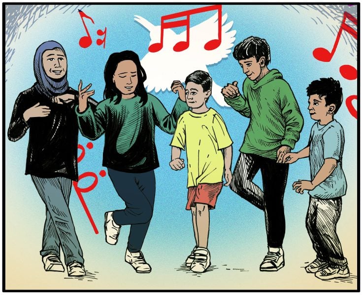 The Children’s Choir, We Dance Life, 2025, drawing, 3425 x 2796 cm. Courtesy of the artist. (c) Safdar Ahmed 