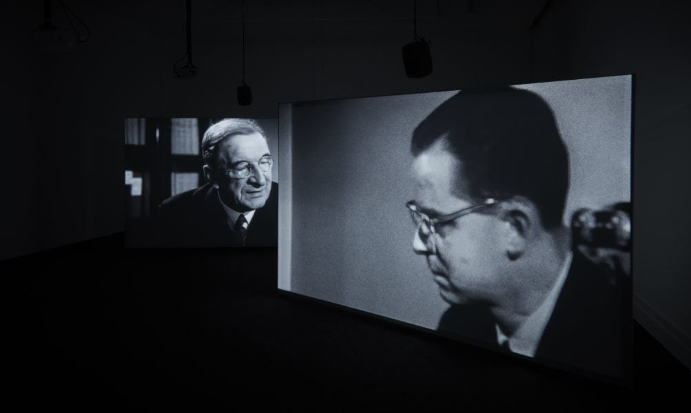 Marianne Keating, Cad Leis a Bhfuilimíd Ailinithe / To What Do We Align, 2025, four channel video installation with 5.1 surround sound, 20 min 19 sec. The artist acknowledges the Arts Council, Ireland and the Royal Hibernian Academy (RHA), Dublin, Ireland in supporting this project. Photograph: Gillian Buckley. Courtesy of the artist and Royal Hibernian Academy (RHA), Dublin, Ireland 