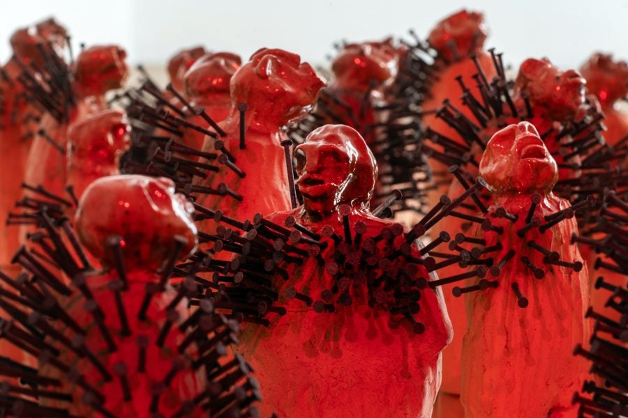 Belinda Kazeem-Kamiński, Untitled (Lash. Linger. Load Nkisi), installation view, 2024, ceramic and nails, dimensions variable. Photograph: Ivo Corrà. Courtesy of the artist. Copyright © Ivo Corrà.