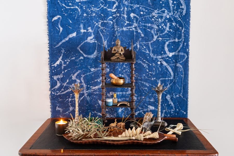 Norberto Roldan, Holy Buddha (detail) (from the Charleston Shrines series), 2025, installation with found objects and fabric, dimensions variable. Photograph: Paul Cheney.  Courtesy of the artist and the Foundation for Spirituality and the Arts