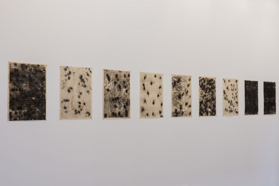 Kulpreet Singh, Indelible Black Marks I (1) / (3) / (4) / (6) / (11) / (12) / (13) / (17) / (18), 2021-22. Presentation at the 25th Biennale of Sydney was made possible with generous support from Rubaiya Qatar, Qatar Museums. Courtesy of the artist and Galerie Mirchandani + Steinruecke, Mumbai/New Delhi © Kulpreet Singh. Installation view, 25th Biennale of Sydney, Rememory, 2026, Lewers: Penrith Regional Gallery. Photograph: Maja Baska. 