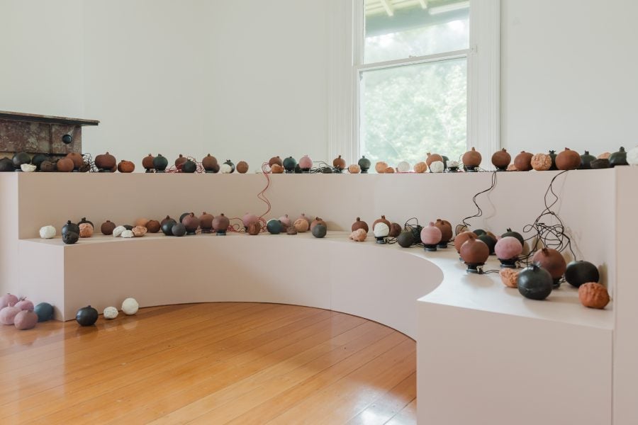 Nora Adwan, Pomegranates/Rumman, 2021-2025. Commissioned by the Biennale of Sydney and  Rubaiya Qatar, Qatar Museums Authority with generous assistance from Office for Contemporary Art Norway, and British Council in Sydney, and support from Bergen Kommune & Kulturrådet. Courtesy of the artist © Nora Adwan. Installation view, 25th Biennale of Sydney, Rememory, 2026, Lewers: Penrith Regional Gallery. Photograph: Maja Baska.